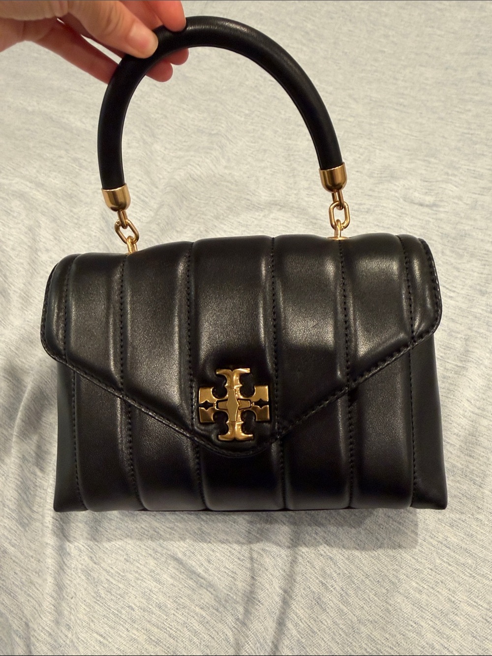 Tory Burch Black Quilted Top-Handle Satchel with Gold Logo